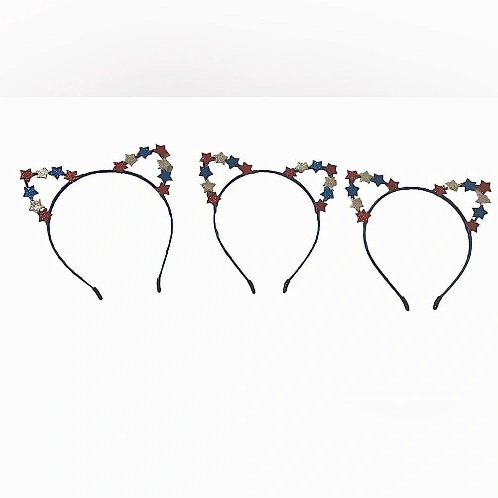 4th of July Patriotic Red & Blue Glitter Stars Cat Ears Headband 3pc